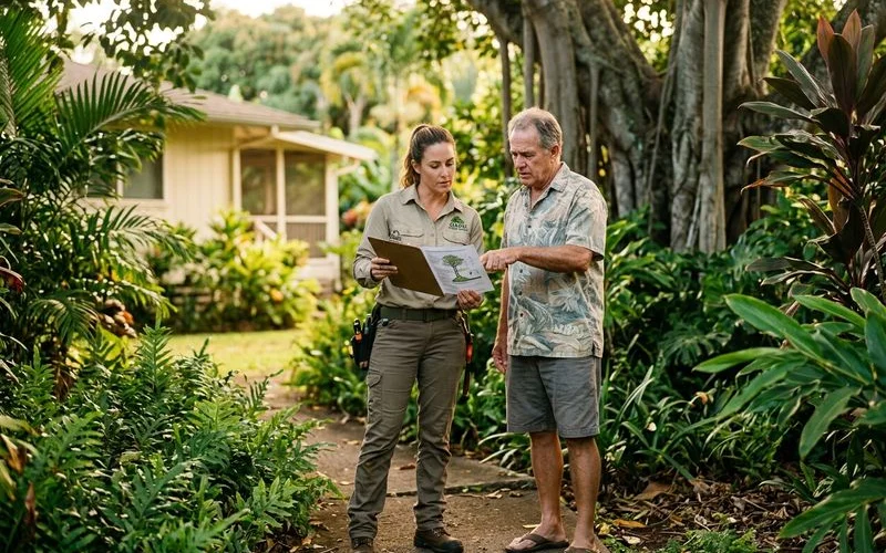 Arborist reviewing tree findings with homeowner