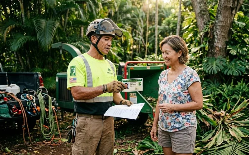 Arborist showing certification and insurance proof to a homeowner on Oahu