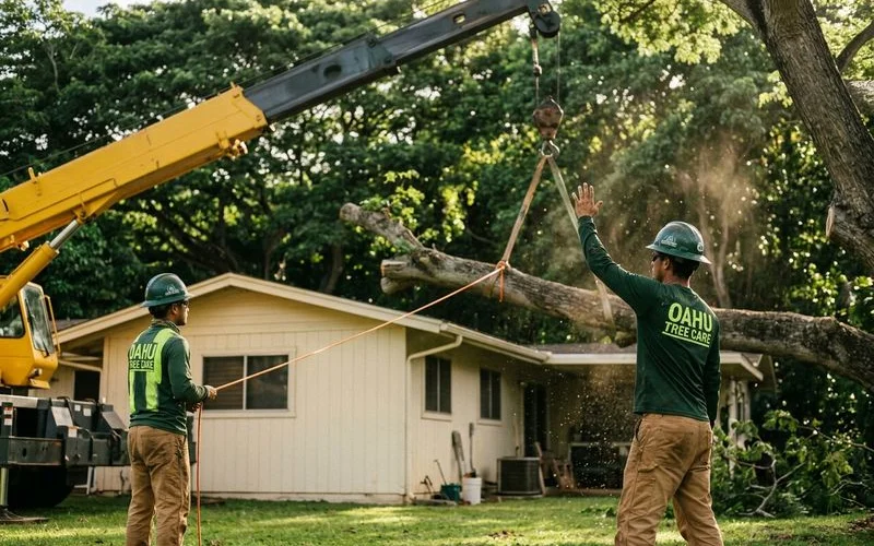 Crane lifting a rigged monkeypod limb away from the home during the removal