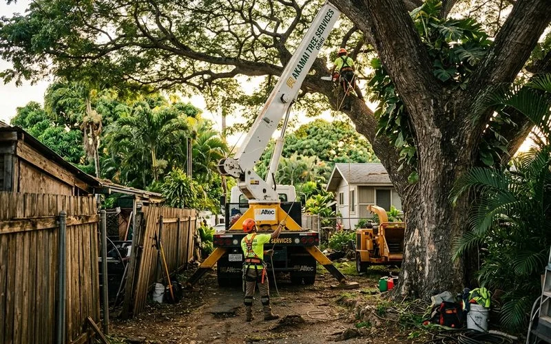 Crane truck staged for a tight-access tree job