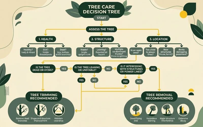 Decision flowchart for choosing between tree removal and tree trimming