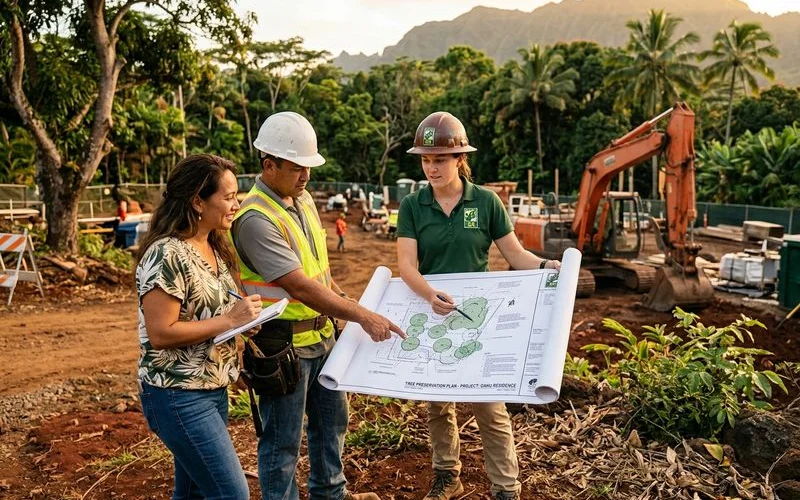Arborist consulting with contractor and homeowner