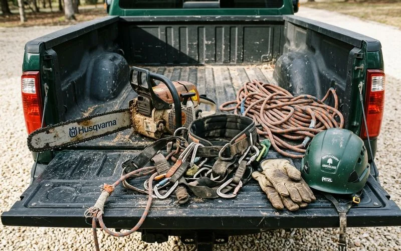 Climbing harness, helmet, and chainsaw staged on a truck tailgate before a job
