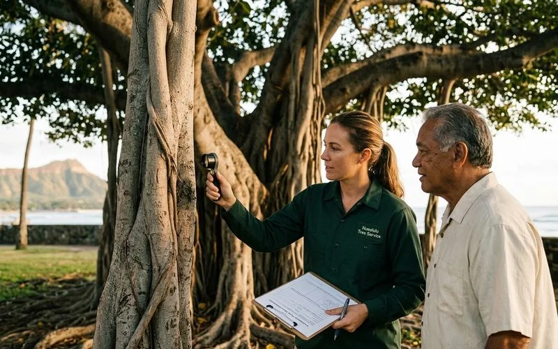 ISA-certified arborist confirming Exceptional Tree status before work
