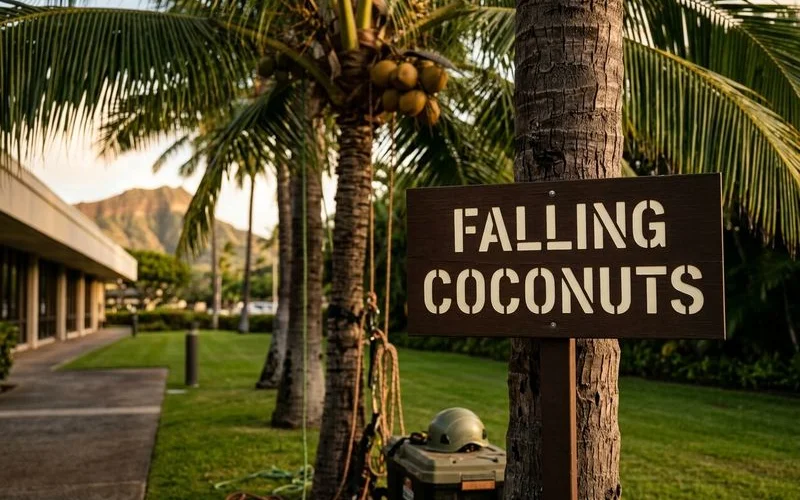 Falling coconut warning sign near commercial palm-lined walkway