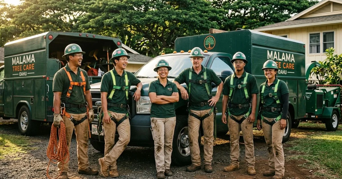 Honolulu Tree Service crew portrait in safety gear in front of a company truck on an Oahu jobsite