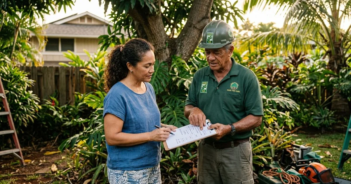 Homeowner reviewing a written tree service estimate with an ISA-certified arborist in their Honolulu yard