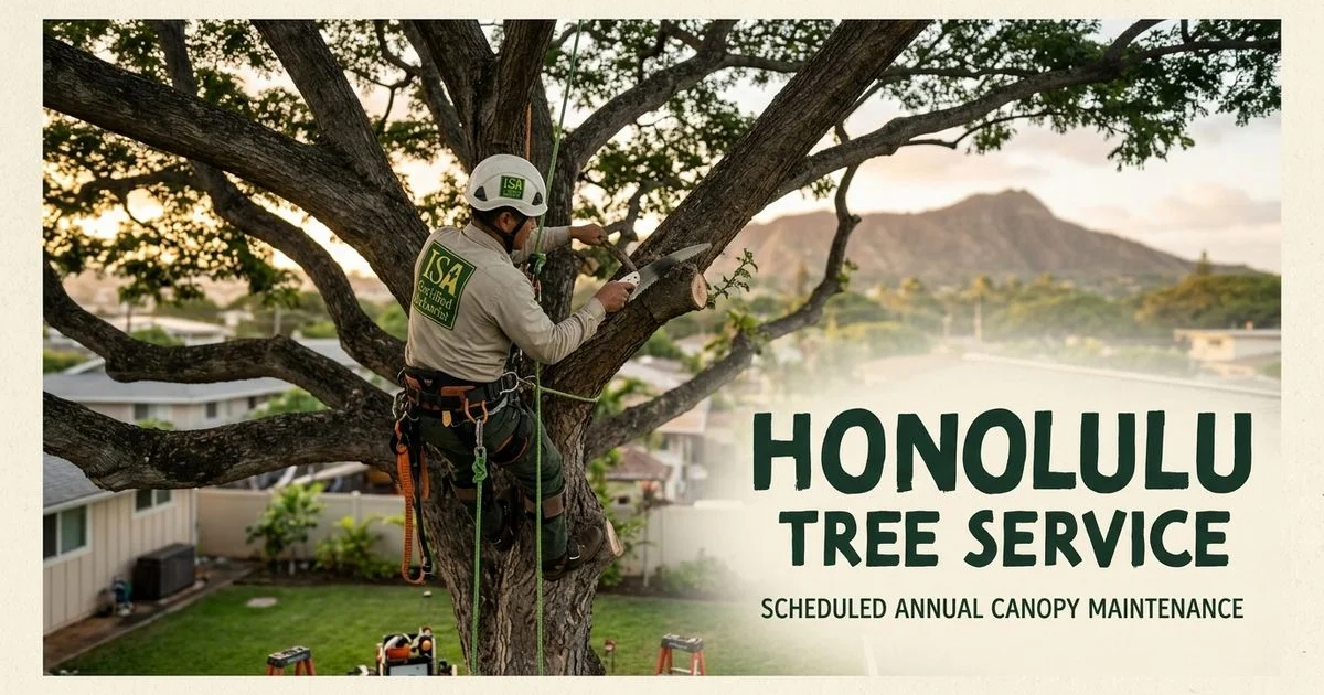 ISA-certified arborist performing scheduled canopy maintenance on a Honolulu monkeypod