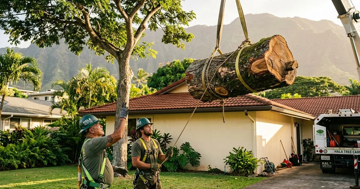 Crane lifting monkeypod limbs above a Hawaii Kai home with arborists directing the cut