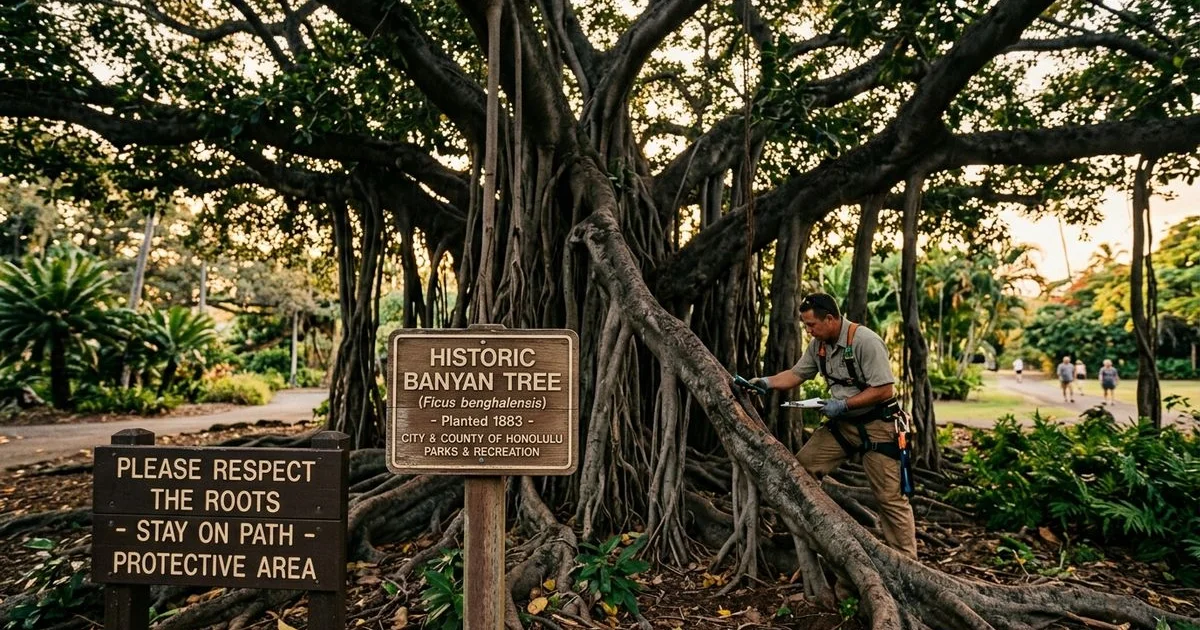 Mature Exceptional Tree with City designation plaque on a Honolulu property
