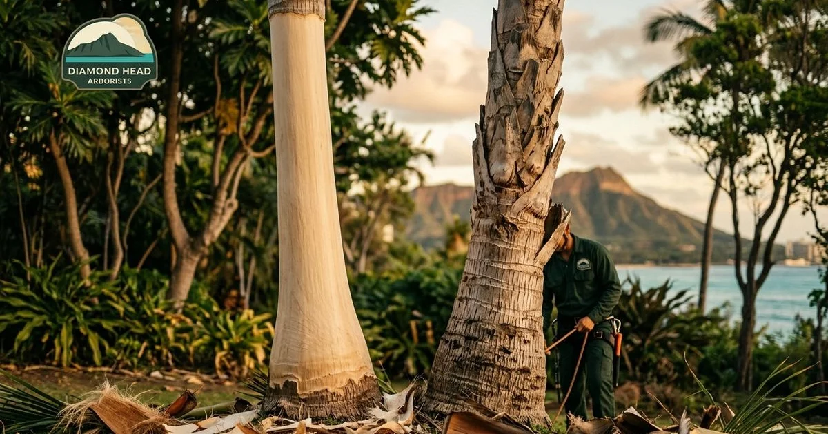 Skinned palm trunk next to a palm with old frond bases for comparison