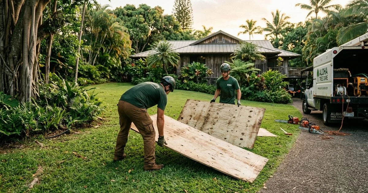 Tree removal crew placing ground protection on a lawn before staging equipment